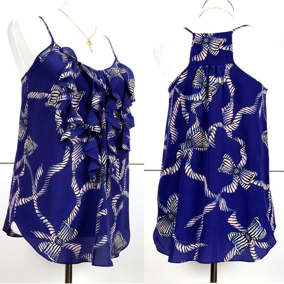 Rebecca Taylor Bow Print Ruffle Silk Tank Top  Sz 4 - Picture 3 of 16